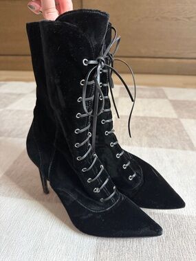 Charles David Loretta Black Velvet Lace-Up Pointed-Toe Boots